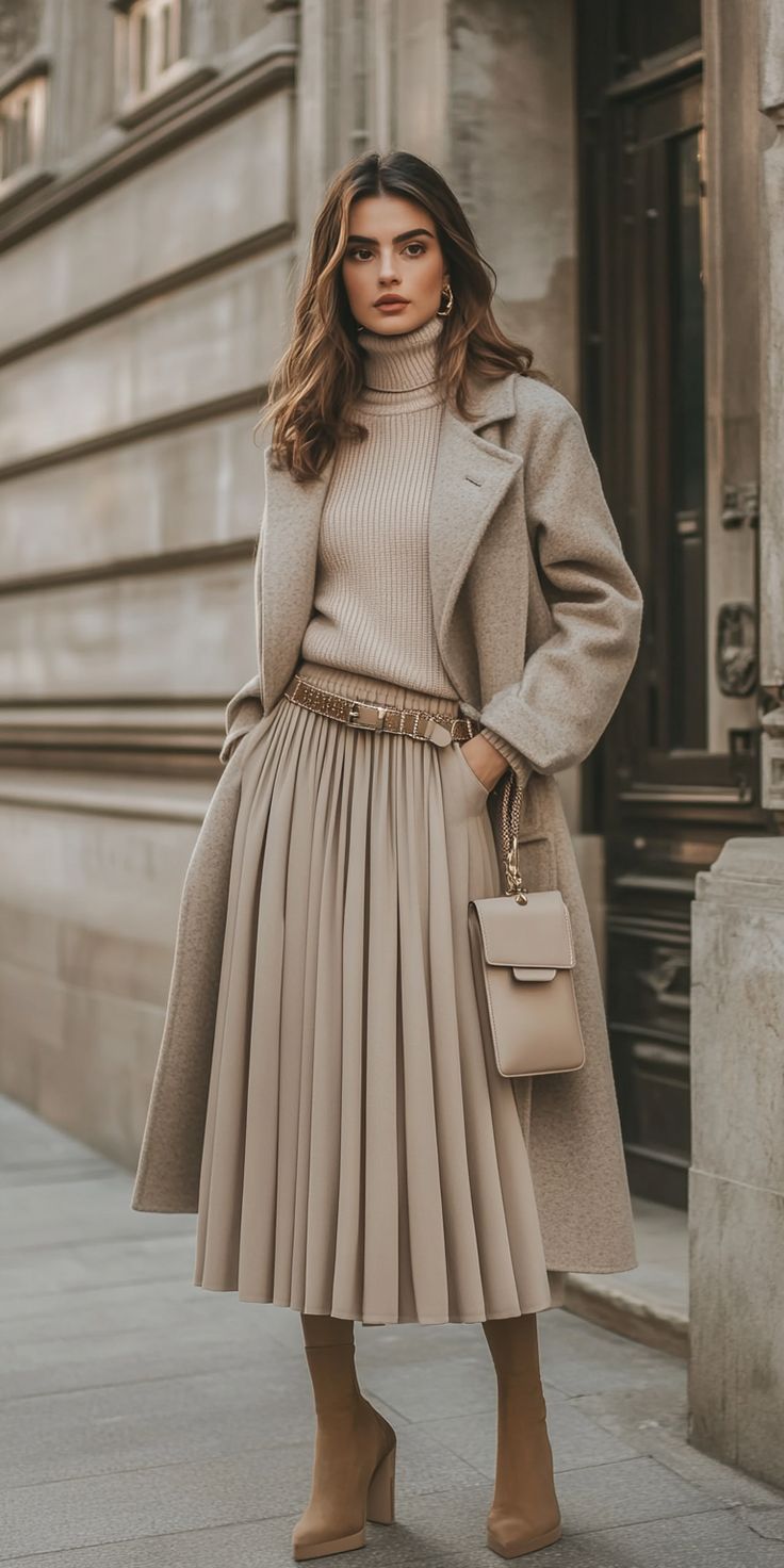 Cozy Beige Sweater with Pleated Skirt