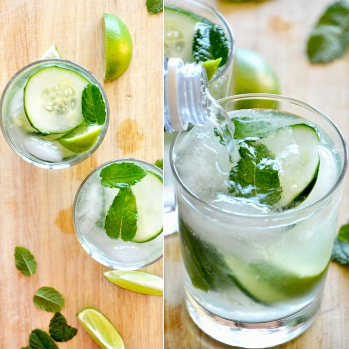Stir gently and garnish with a cucumber wheel and mint sprig.